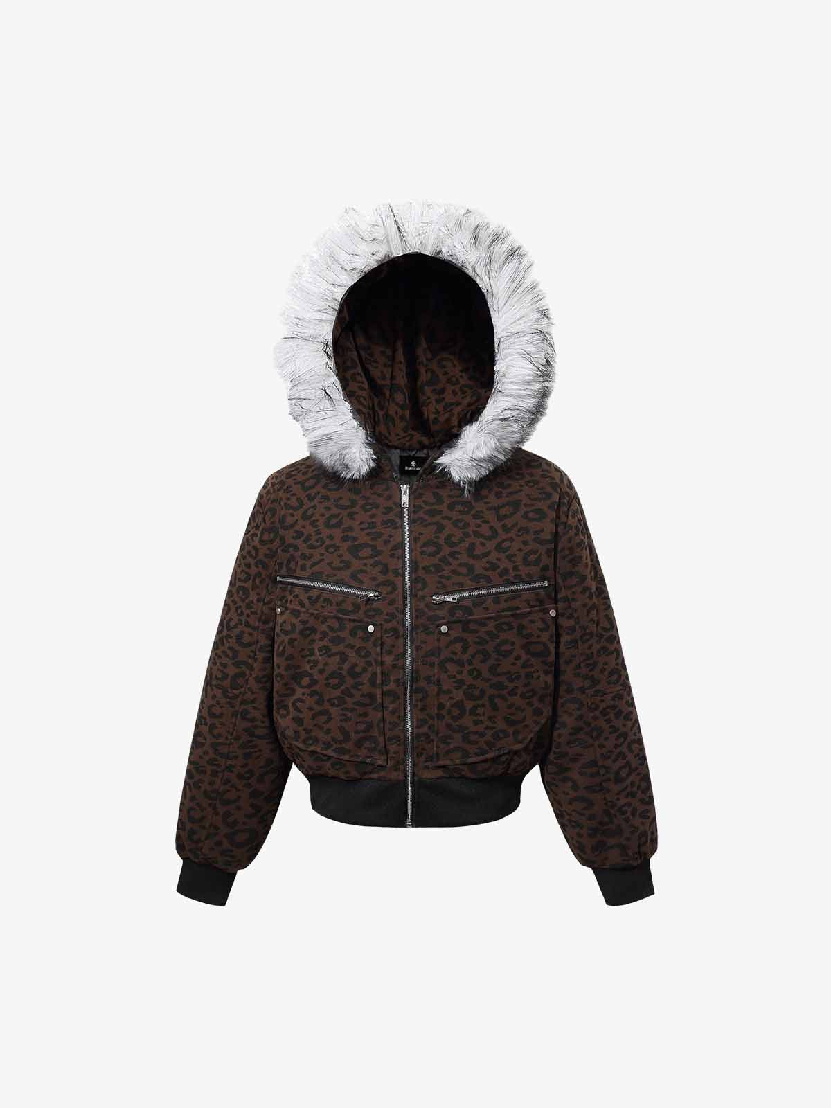 Retro Faux Fur Trimmed Hood Leopard Print Bomber Jacket