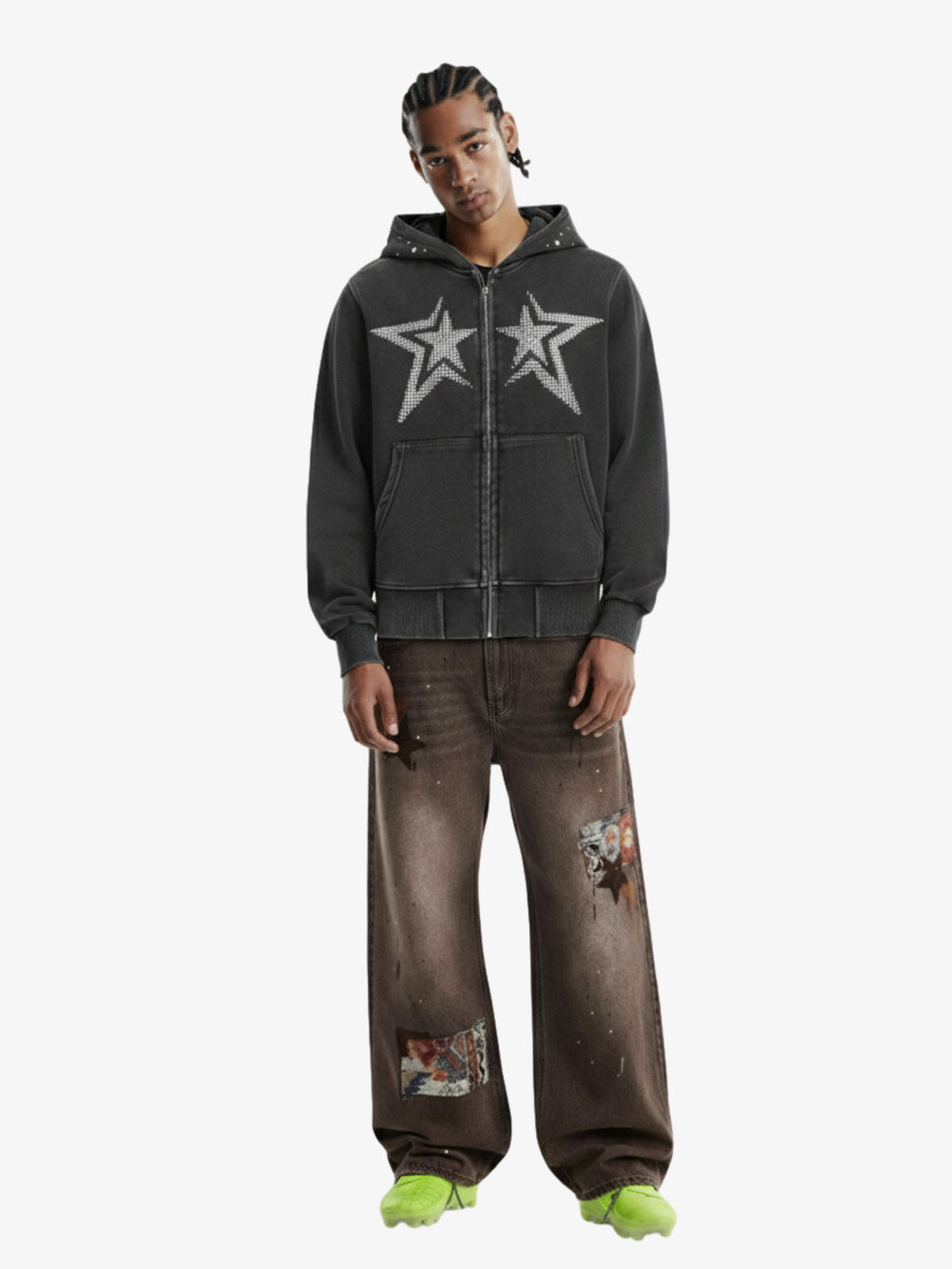 Vintage Washed Symmetrical Star Rhinestone Zip-Up Hoodie