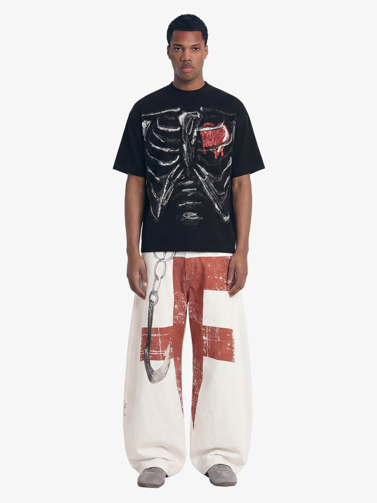 Vintage Distressed Chain Print Oversized Canvas Baggy Pants