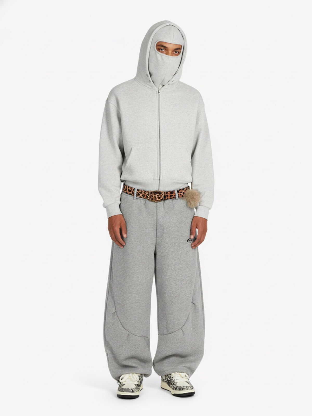 Leopard Belt Fur-Pom Detail Fleece Wide-Leg Pants