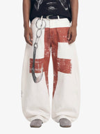 Vintage Distressed Chain Print Oversized Canvas Baggy Pants