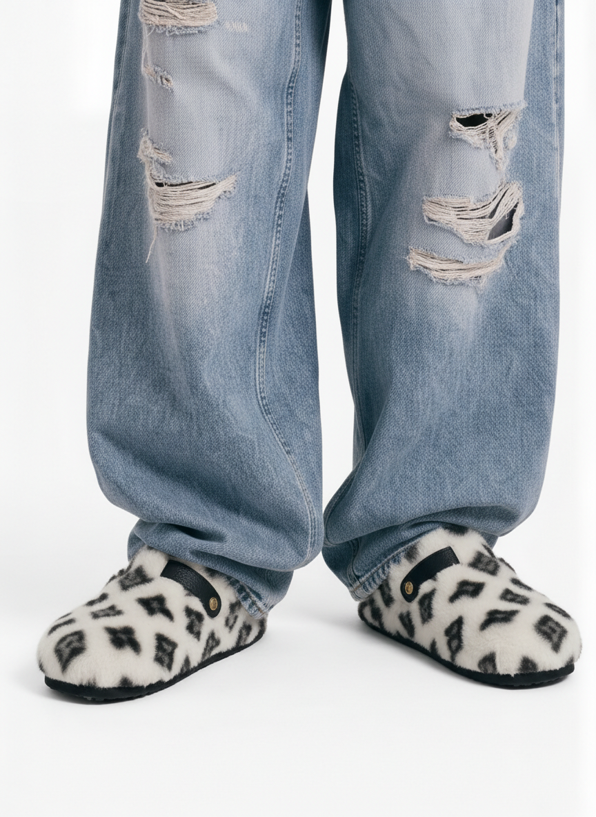 Abstract Spotted Faux Fur Buckle Clogs
