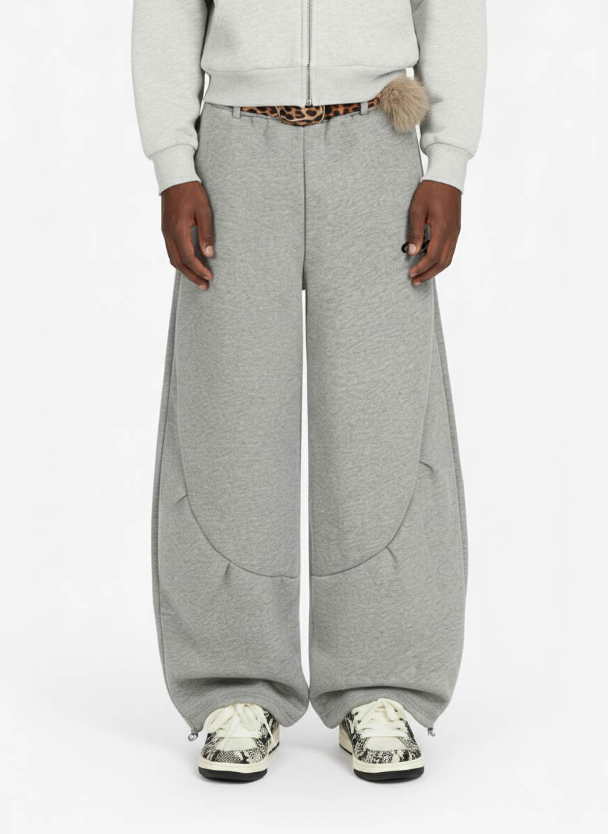 Leopard Belt Fur-Pom Detail Fleece Wide-Leg Pants