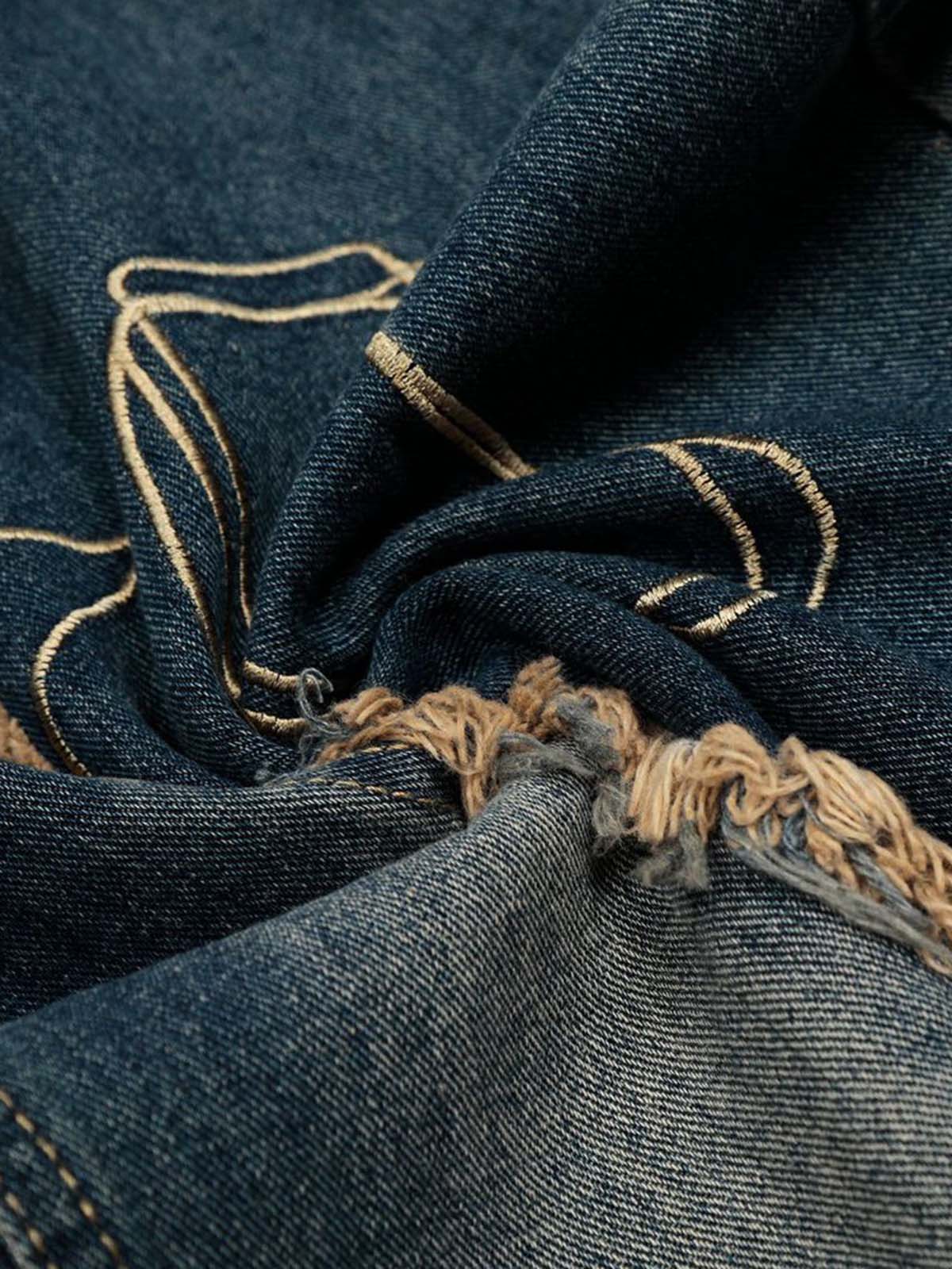 Vintage Embroidered Washed Raw-Edge Graffiti Scimitar Jeans