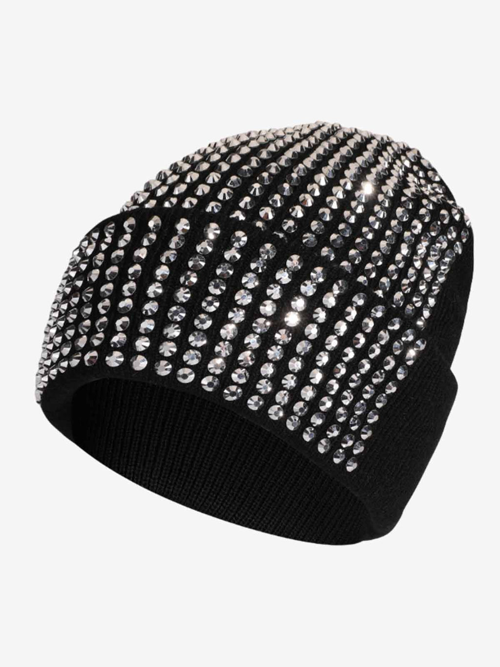 Rhinestone Embellished Ribbed Knit Beanie Hat