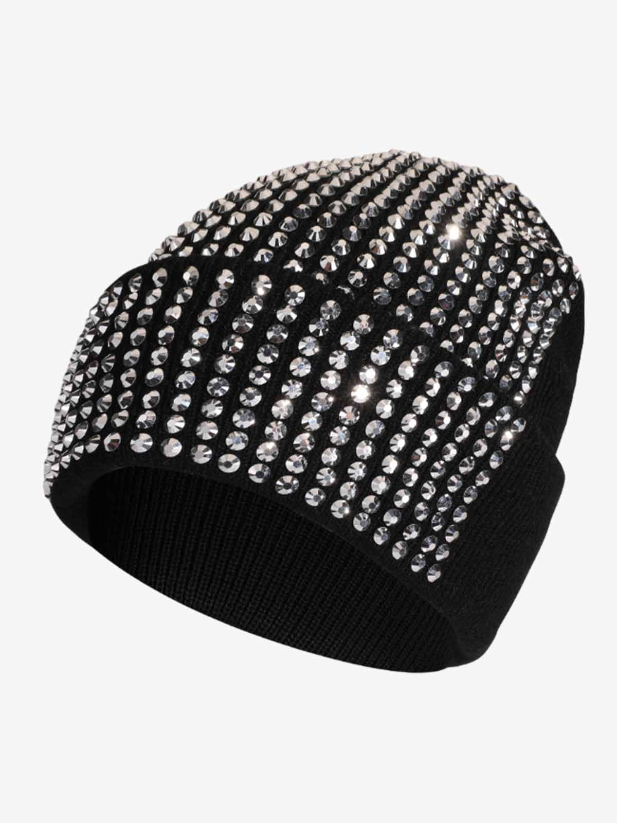 Rhinestone Embellished Ribbed Knit Beanie Hat