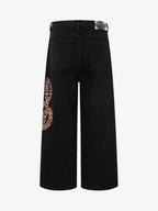 Retro Rhinestone Leopard Patch Music Note Straight Jeans