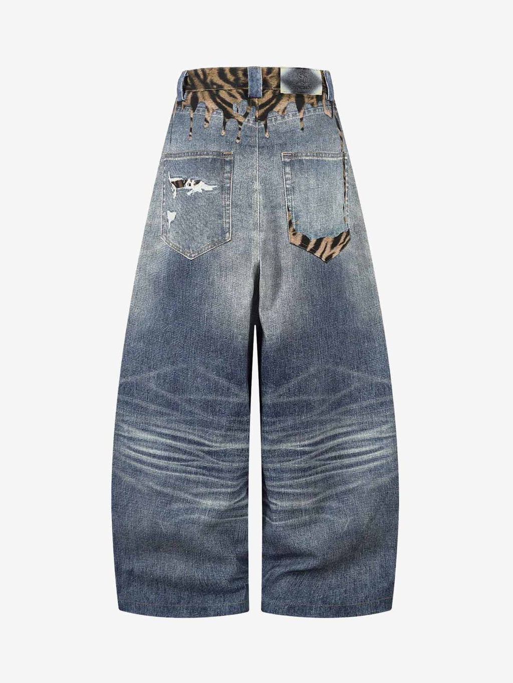 Vintage Washed Tiger Print Wide Leg Denim Jeans