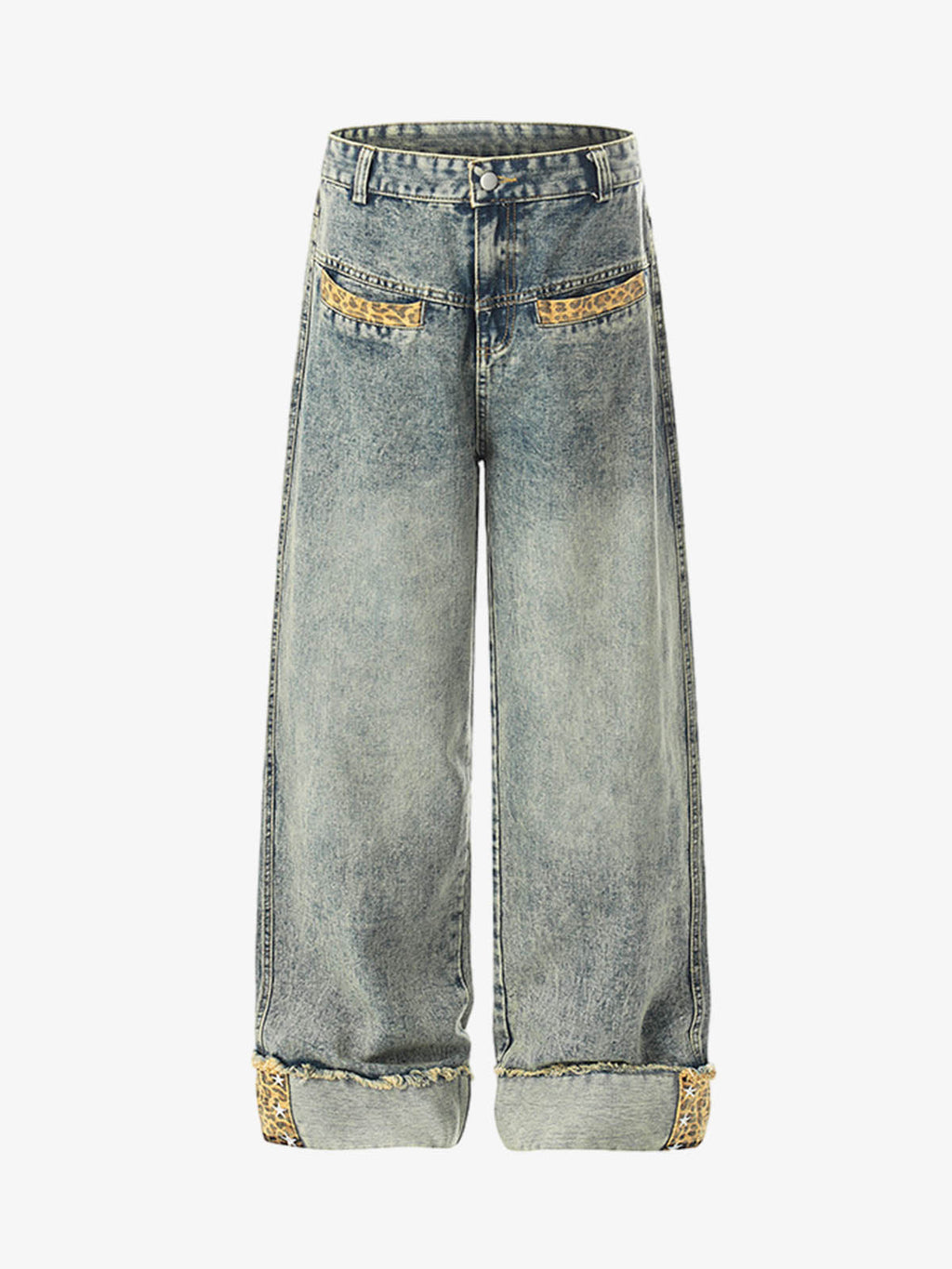 Leopard Print Trim Washed Jeans
