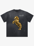 Vintage Wash Glitter Horse Pattern Splash Ink T-Shirt