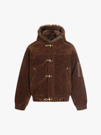 Streetwear Metal Clip Faux Fur Hooded Suede Bomber Jacket - 2597