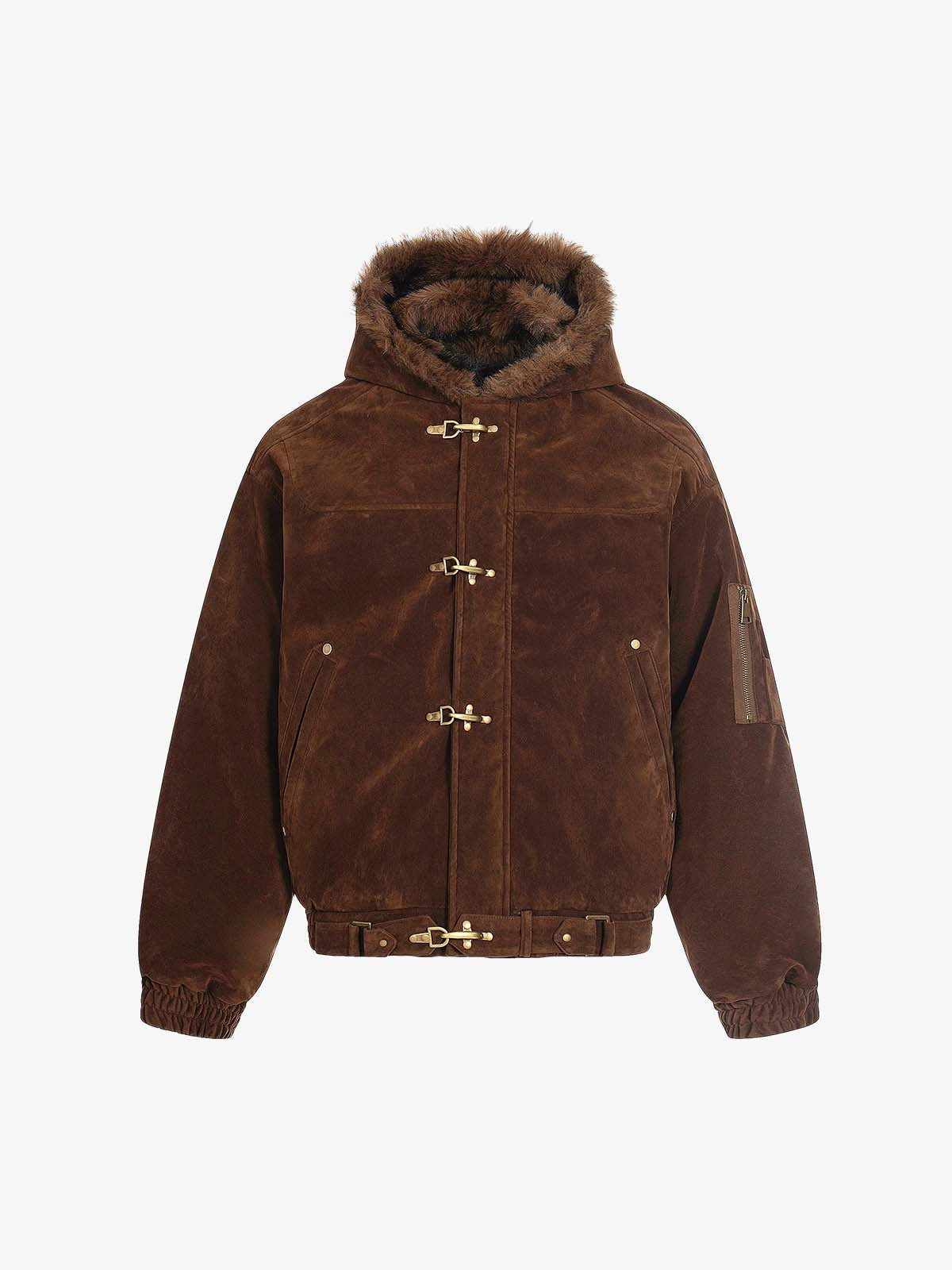Streetwear Metal Clip Faux Fur Hooded Suede Bomber Jacket - 2597