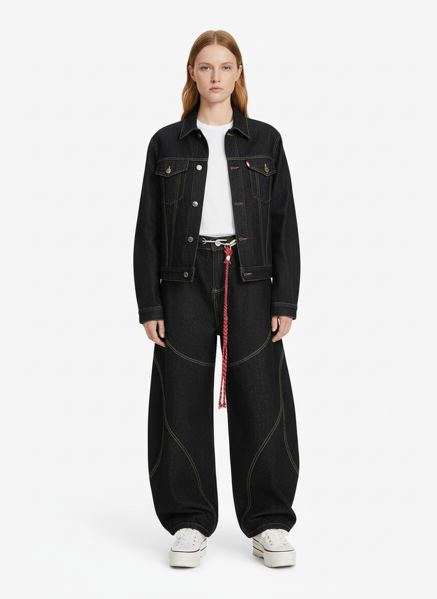 Denim Retro Belt Detail With Patchwork Barrel Jeans - 2490