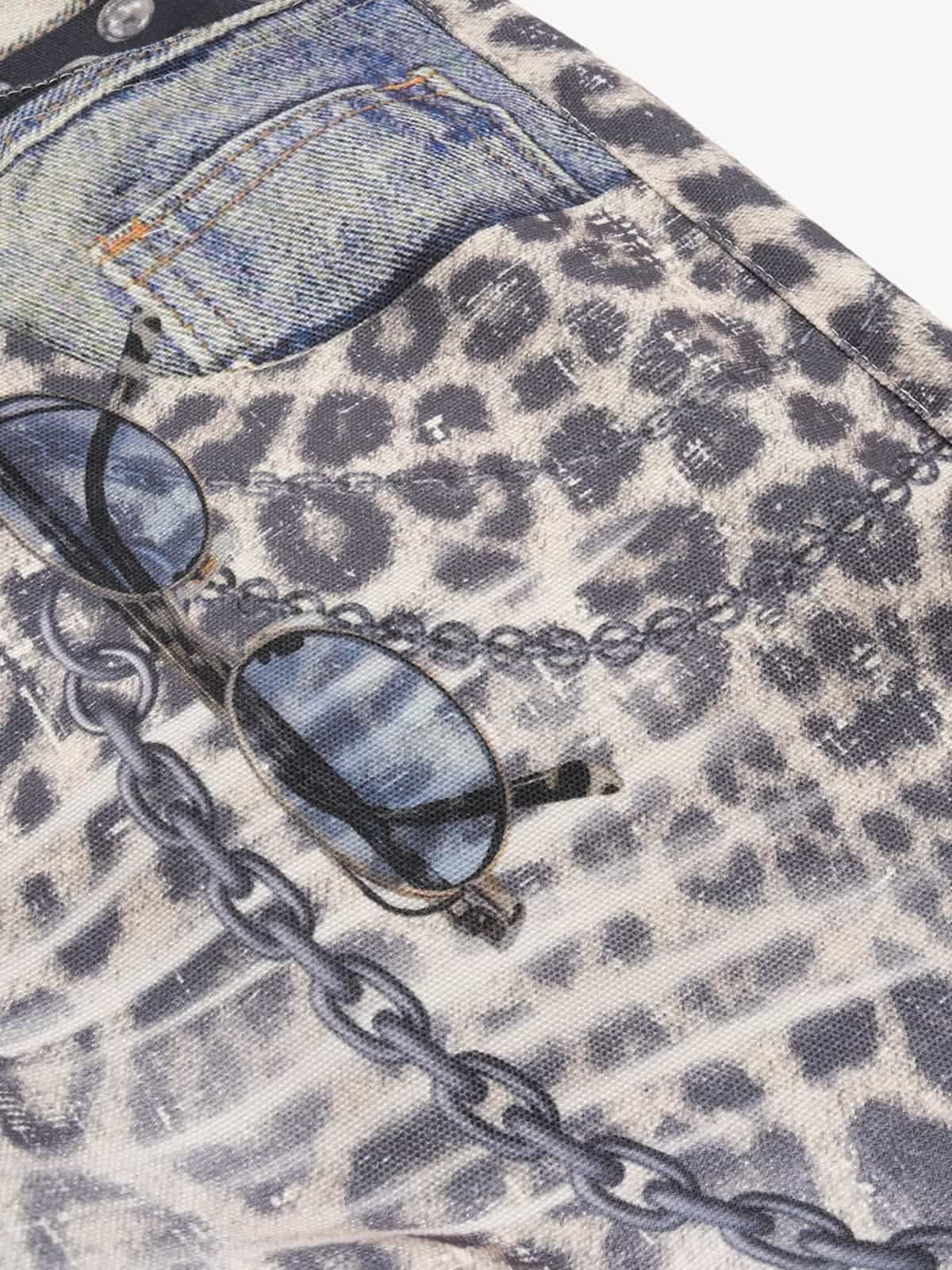 Vintage Leopard 3D Print Double Waistband Washed Jeans