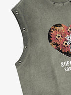 Floral Skeleton Heart Graphic Sleeveless T-Shirt