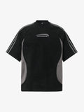 Suede Panel precipice Embroidered Short Sleeve T-Shirt - 2616