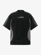 Suede Panel precipice Embroidered Short Sleeve T-Shirt - 2616