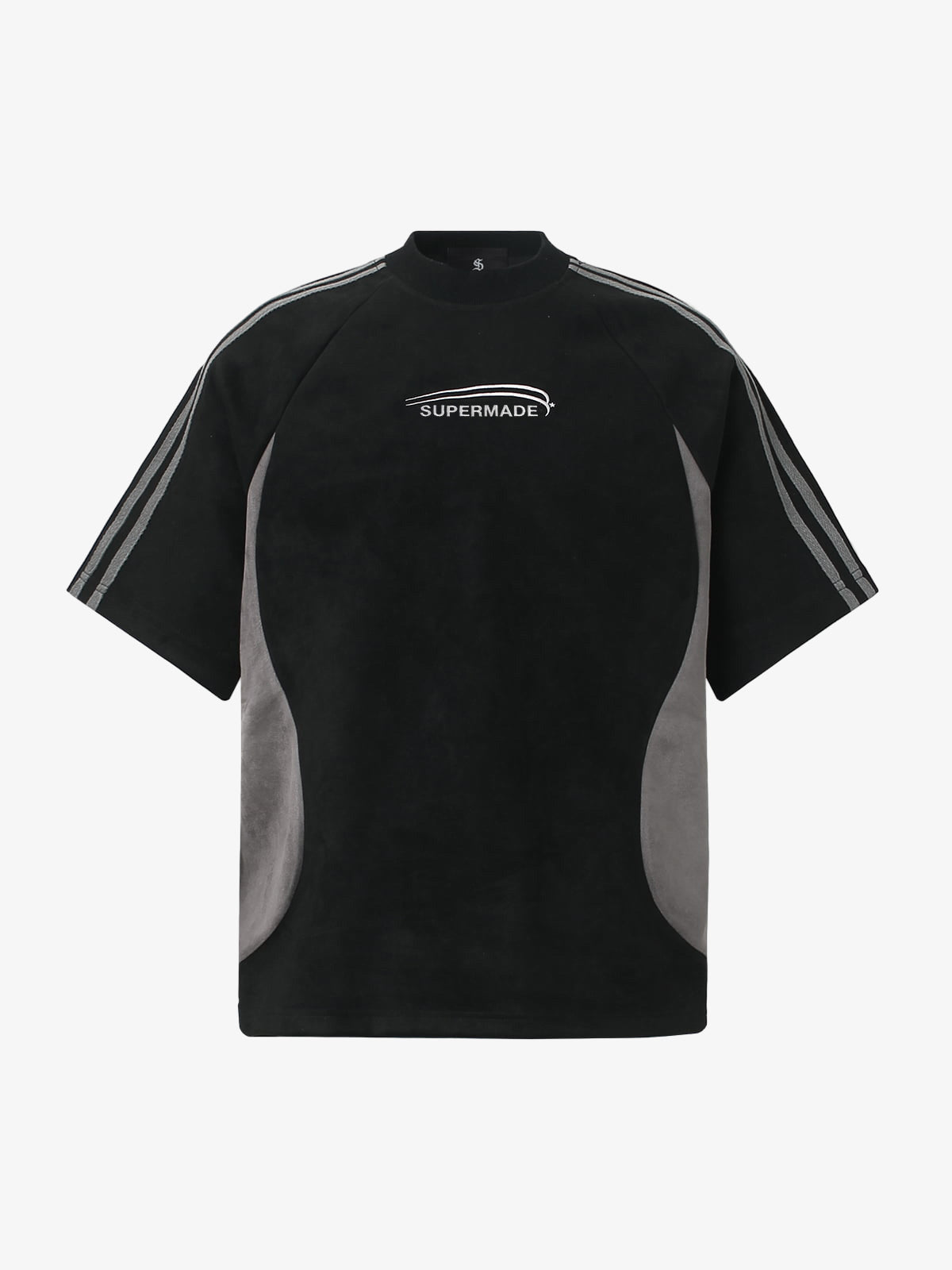 Suede Panel precipice Embroidered Short Sleeve T-Shirt - 2616