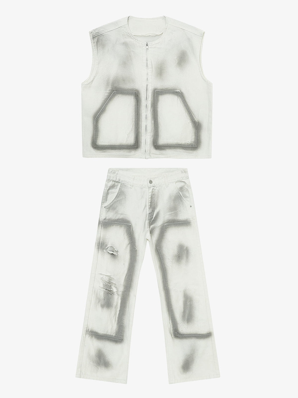 Airbrush Print Sleeveless Vest & Straight Leg Jeans Set
