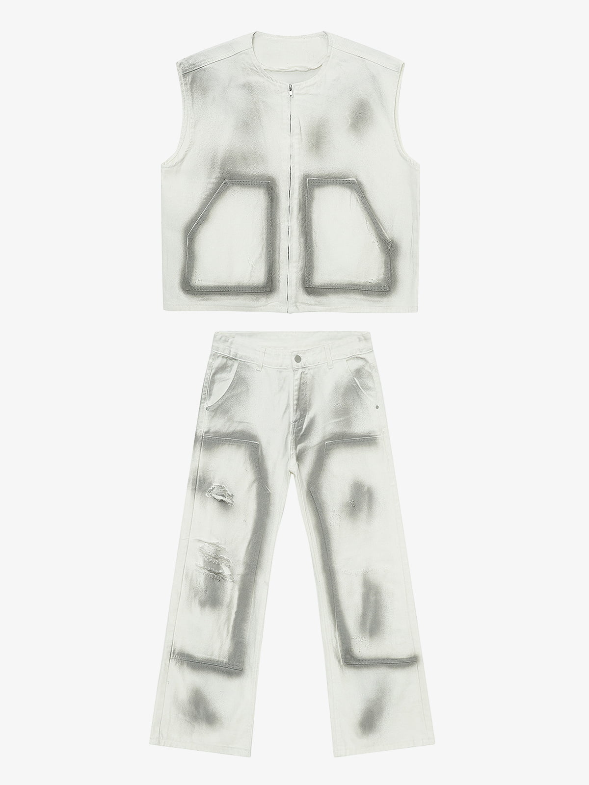Airbrush Print Sleeveless Vest & Straight Leg Jeans Set