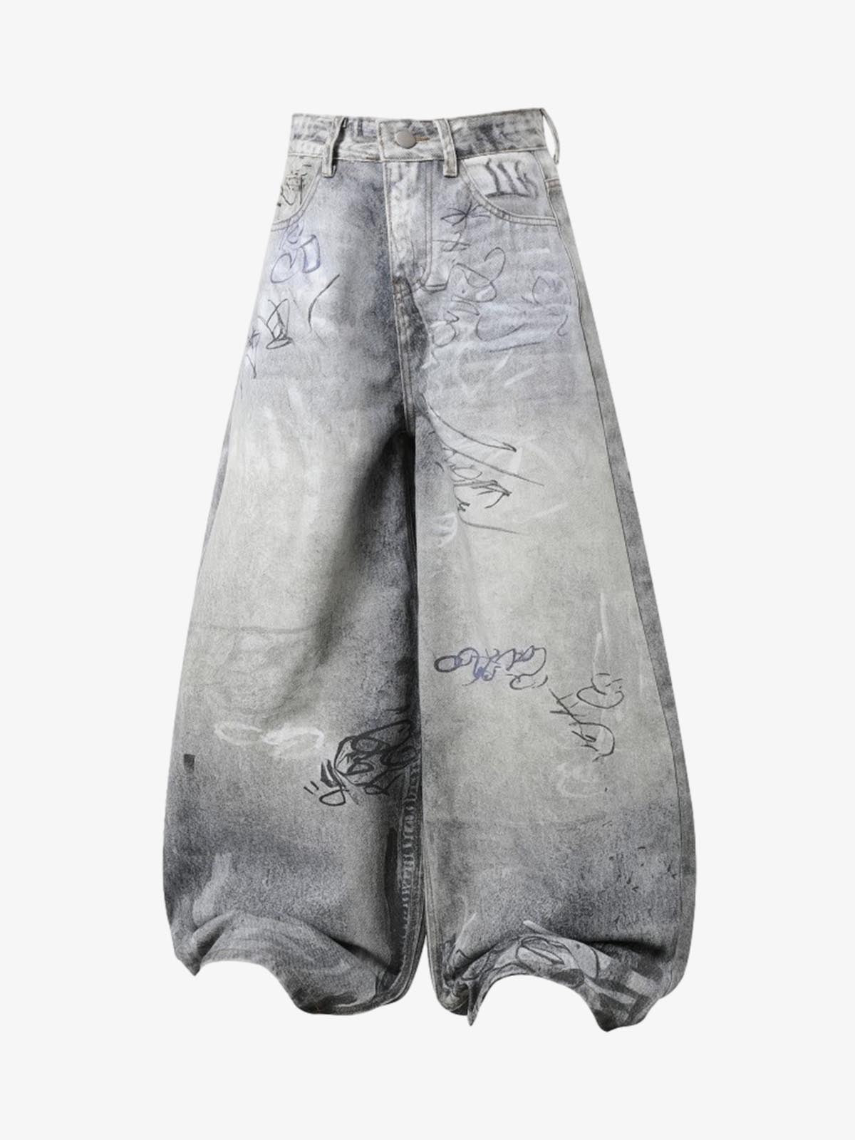 Hand Drawn Scribble Print Baggy Jeans
