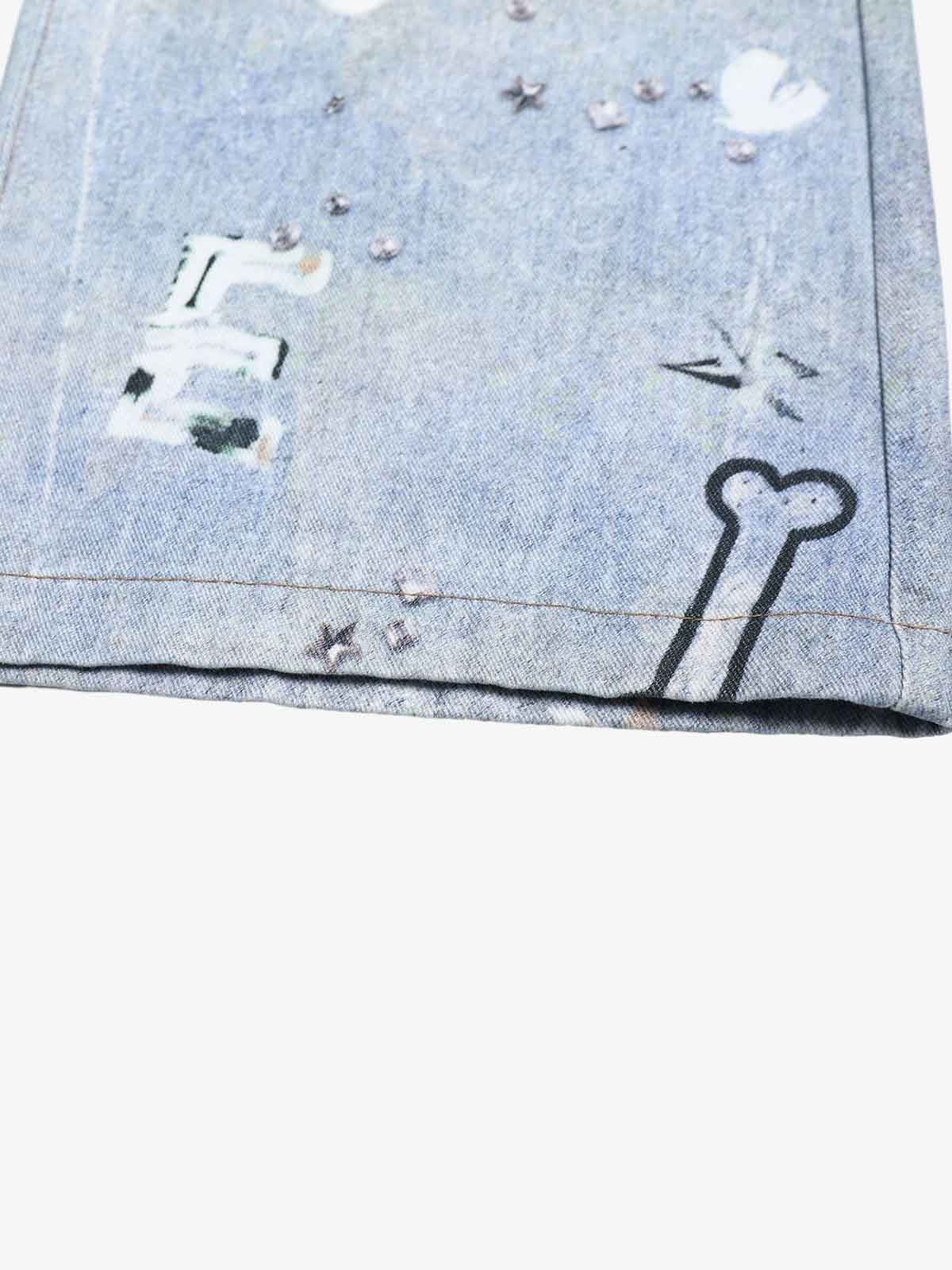 Cartoon Dalmatian Dog Graphic Distressed Washed Jeans