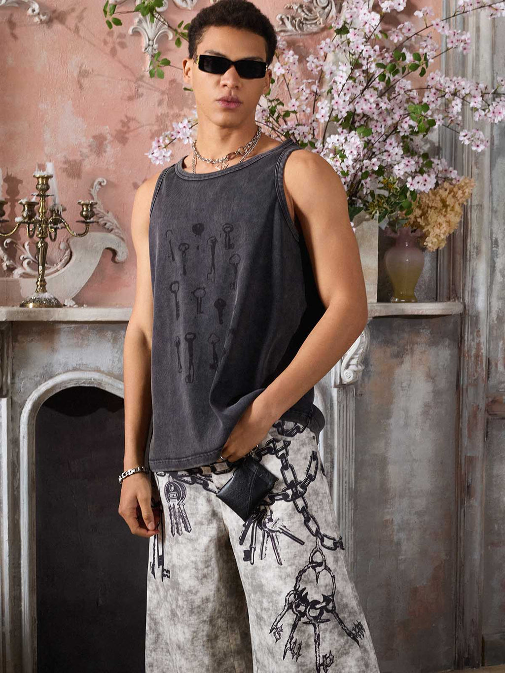 Washed Distressed Key Print Vest