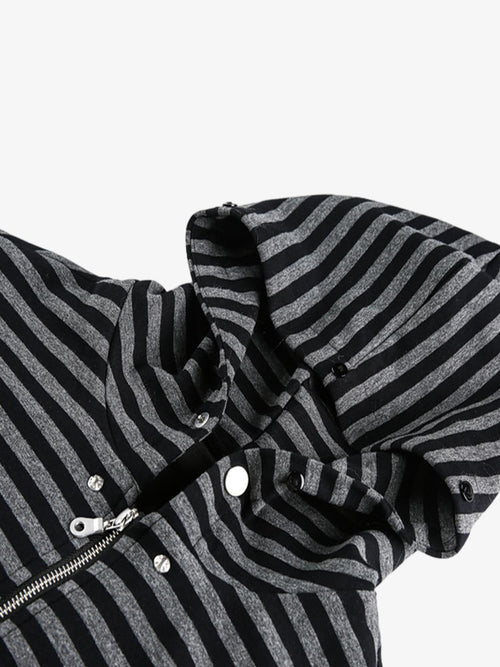 Detachable Fur Collar Striped Zip Up Hoodie