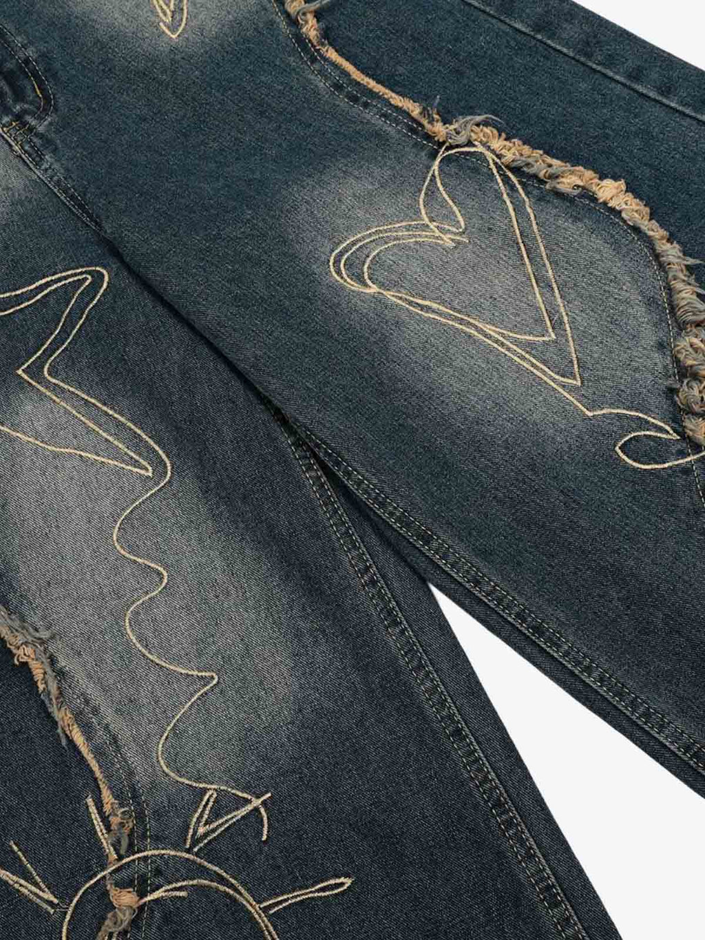 Vintage Embroidered Washed Raw-Edge Graffiti Scimitar Jeans