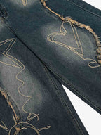 Vintage Embroidered Washed Raw-Edge Graffiti Scimitar Jeans