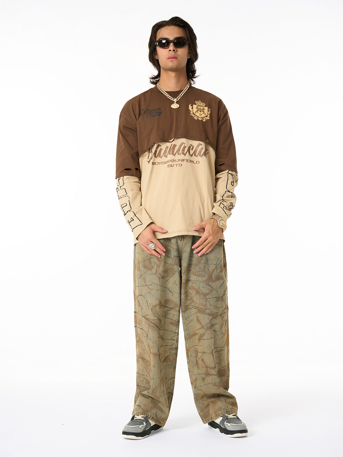 Retro Fake Two-Piece Patchwork College Badge Long Sleeve T-Shirt