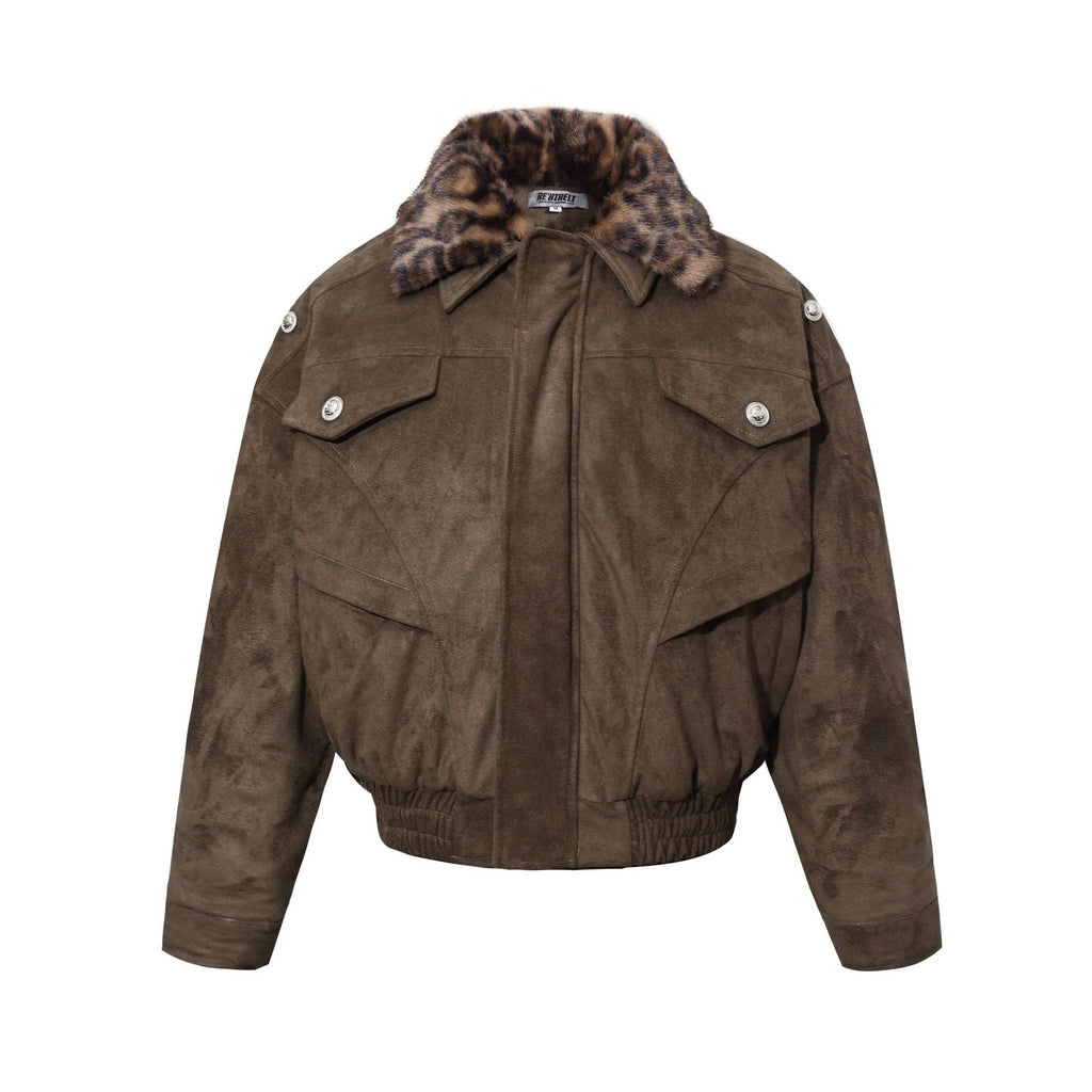 Retro Leopard Fur Collar Padded Bomber Jacket