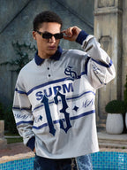 Gothic Number Stripe Rugby Collar Sweatshirt