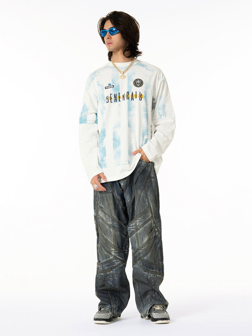 Vintage Washed Distressed Multi-Structure Patchwork Jeans