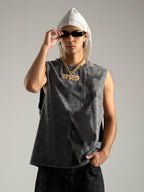 Cross-Print Distressed Washed Vest
