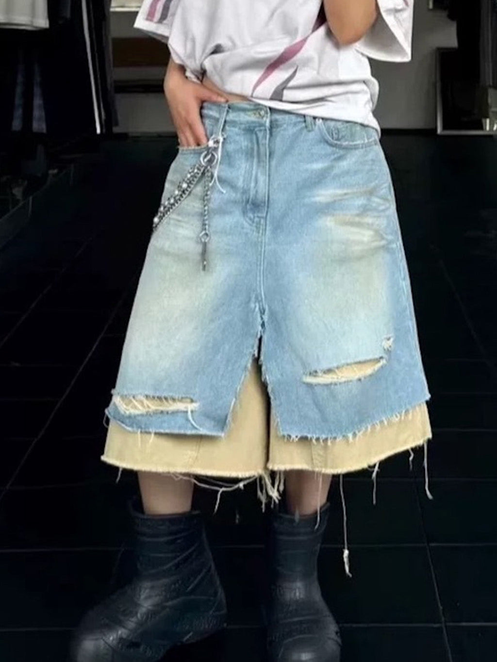 Layered Distressed Denim Jorts