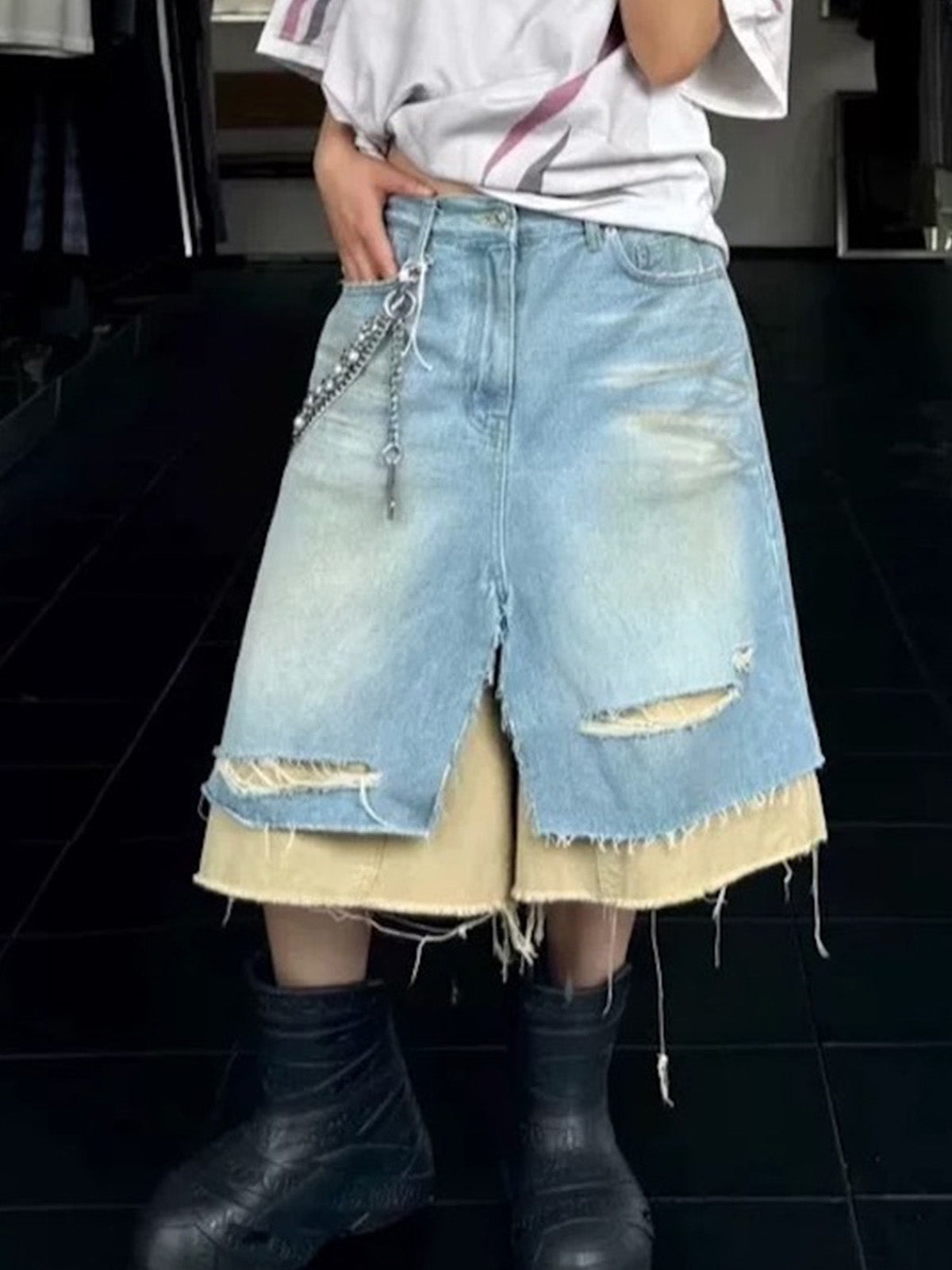 Layered Distressed Denim Jorts
