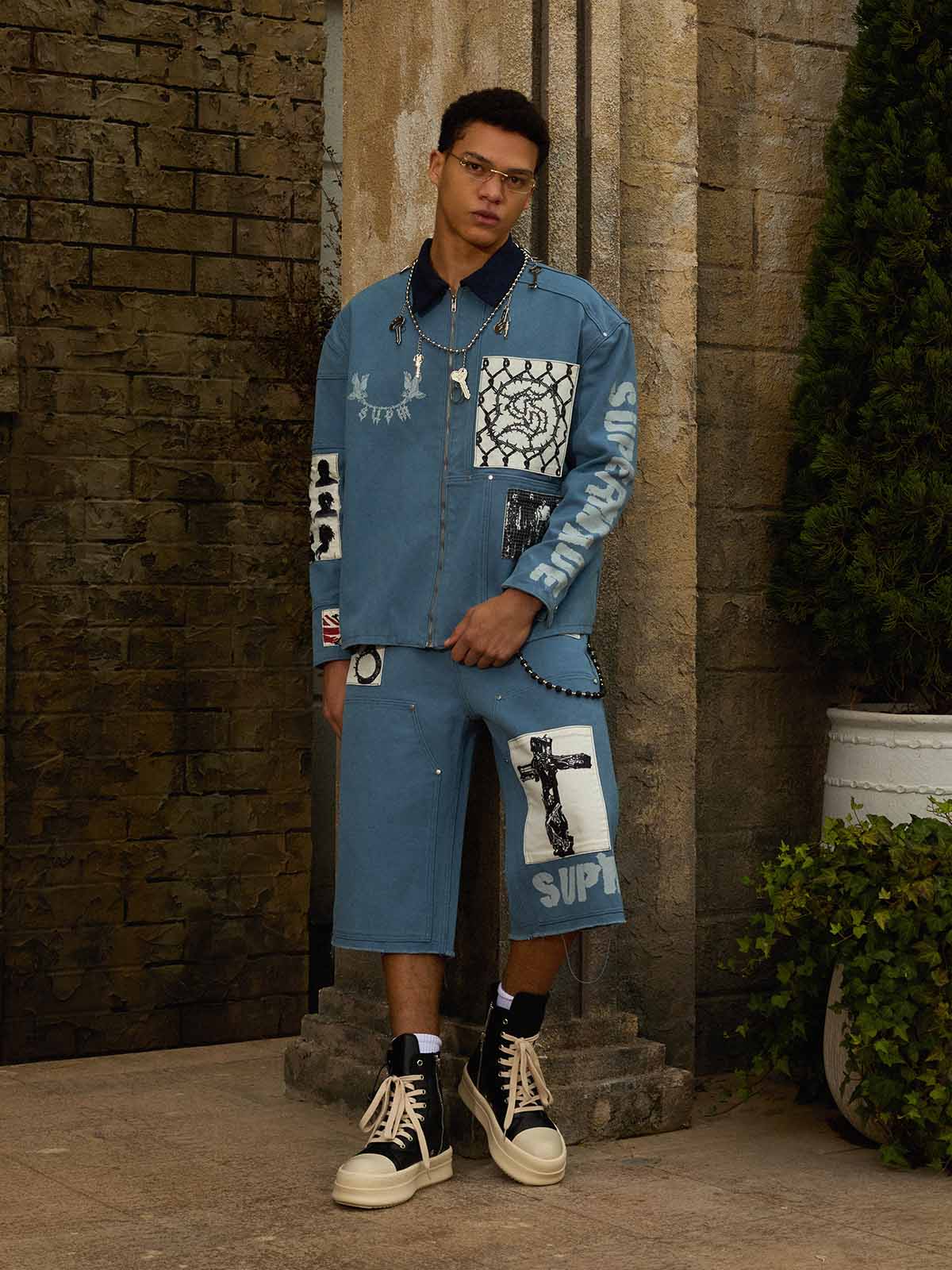 precipice Multi-Element Appliqué Patchwork Denim Suit - 2593