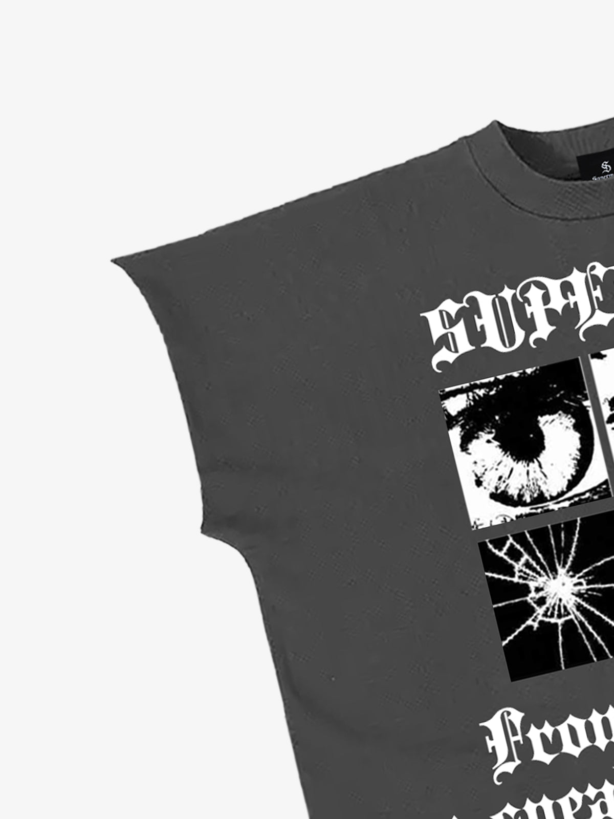 Gothic Text Graphic Cut-Off Sleeveless T-Shirt