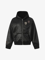 Vintage Leather Badge Fleece-lined Hooded Zip Bomber Jacket - 2547