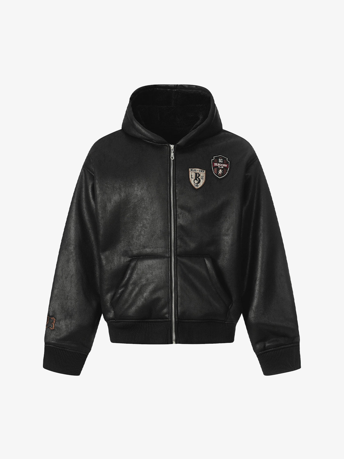 Vintage Leather Badge Fleece-lined Hooded Zip Bomber Jacket - 2547