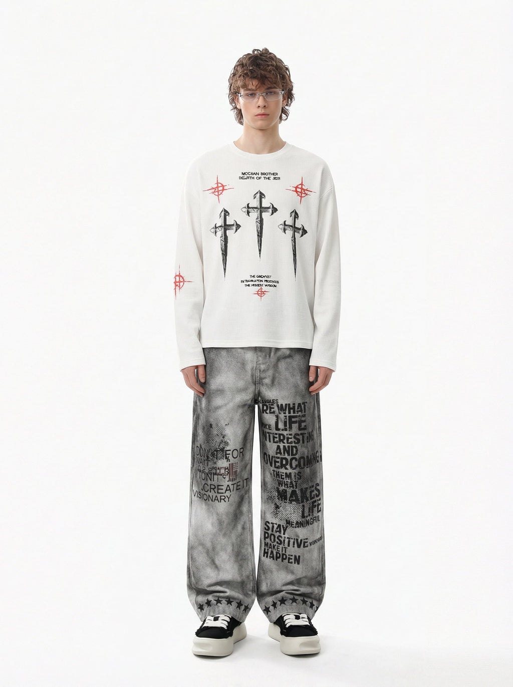 Letter Print Waffle Cross Long-Sleeved T-Shirt