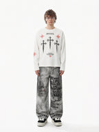 Letter Print Waffle Cross Long-Sleeved T-Shirt