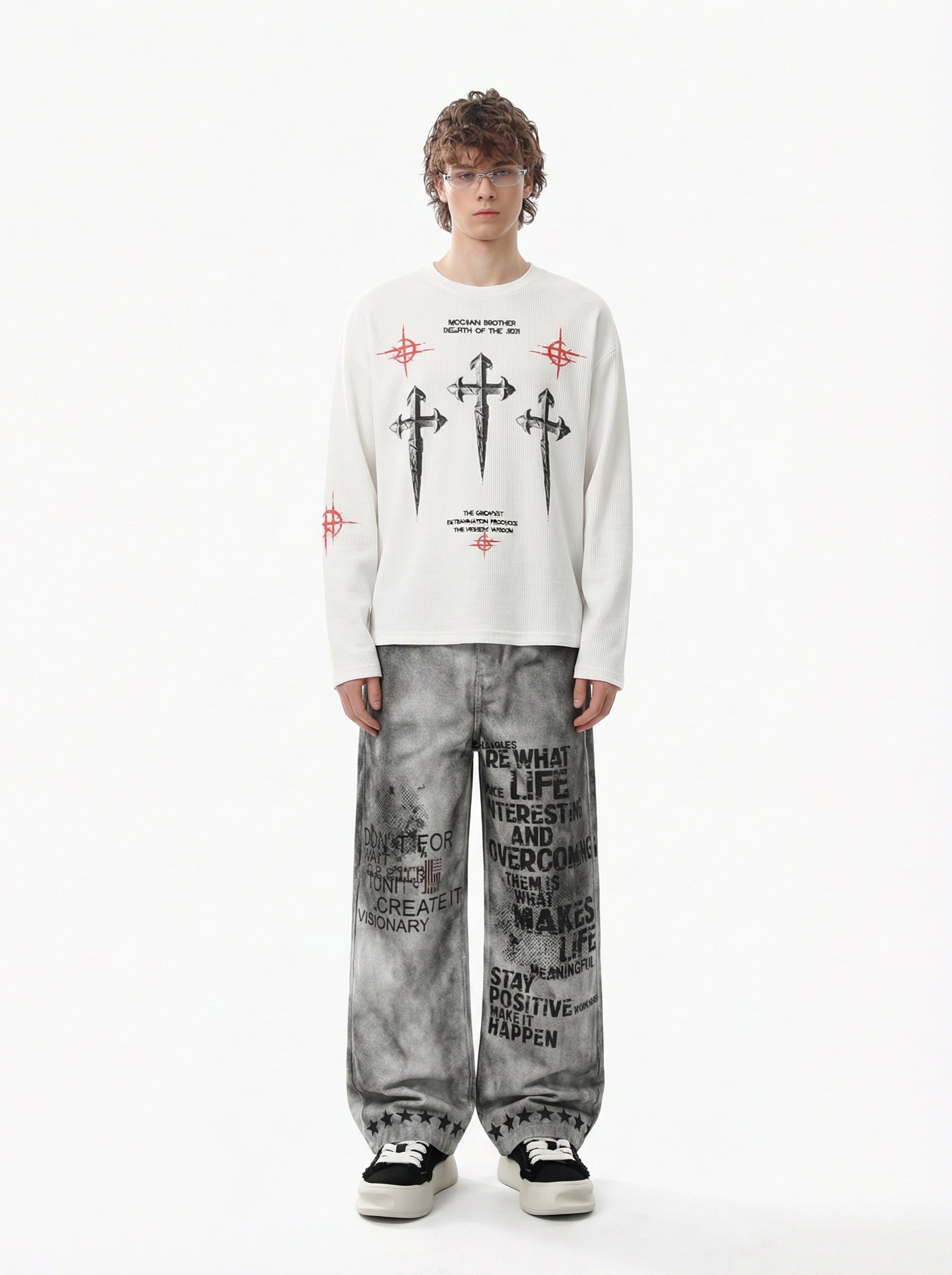 Letter Print Waffle Cross Long-Sleeved T-Shirt