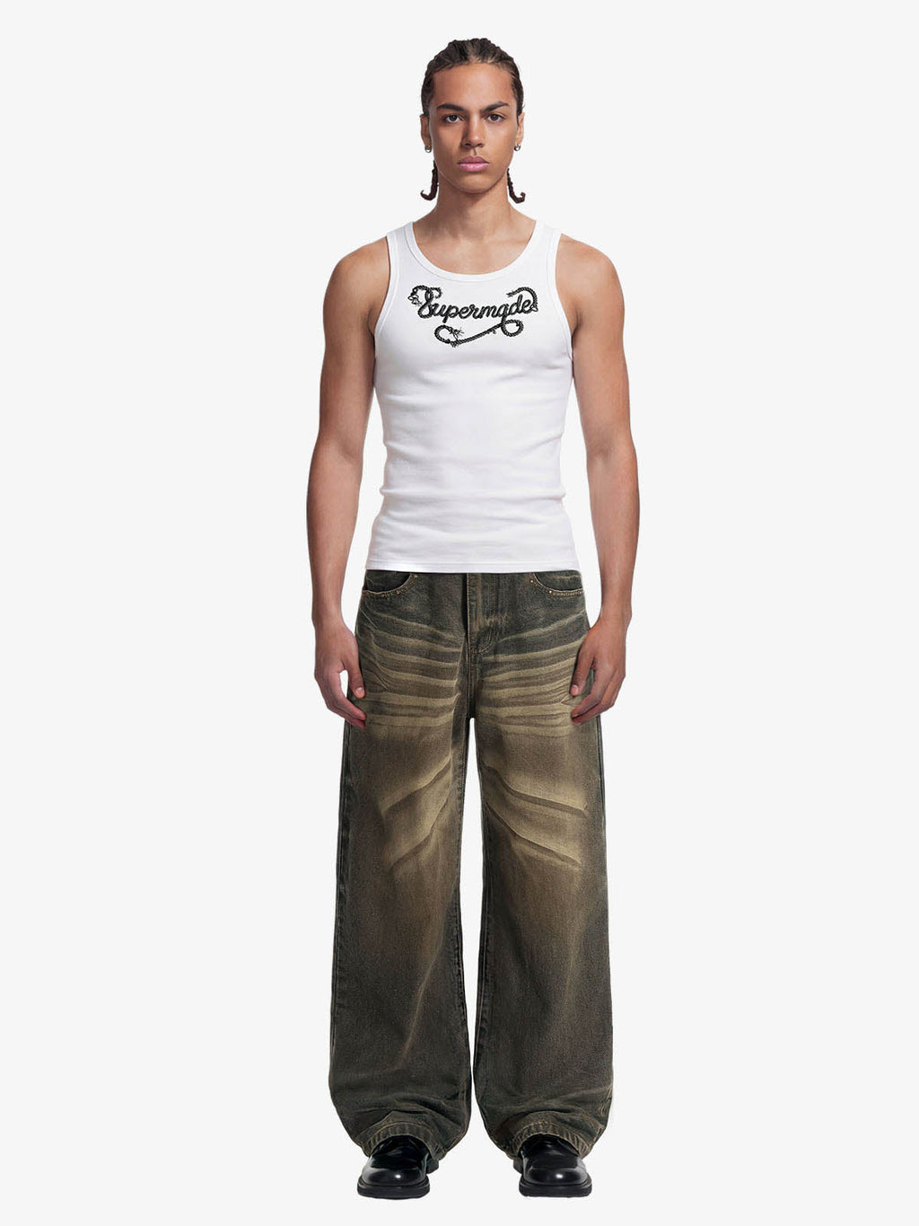 Washed Button Detail Wide Leg Pants