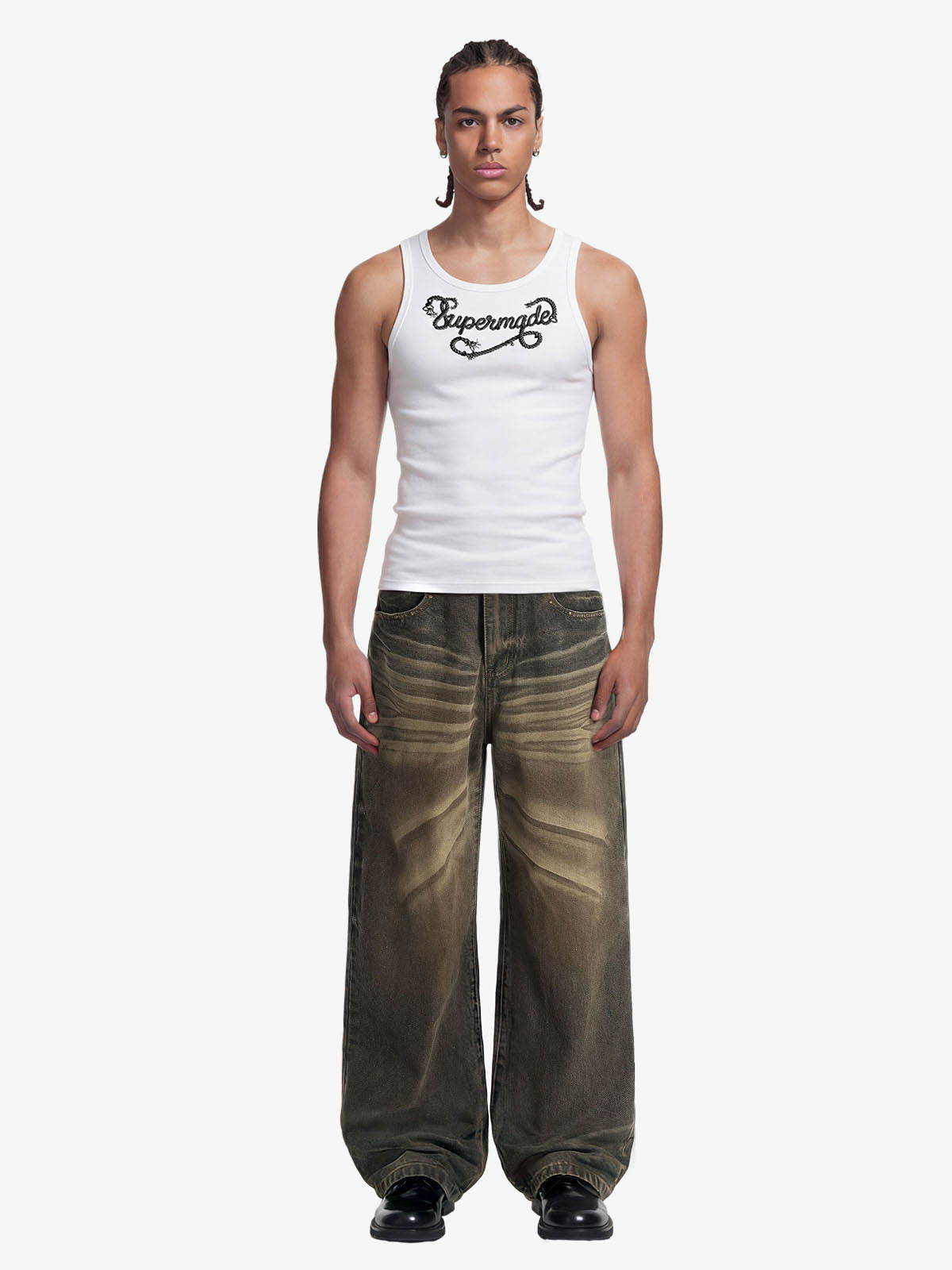 Washed Button Detail Wide Leg Pants