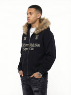 Letter Medal Embroidered Cardigan Fur Collar Zip Up Hoodie- 2502