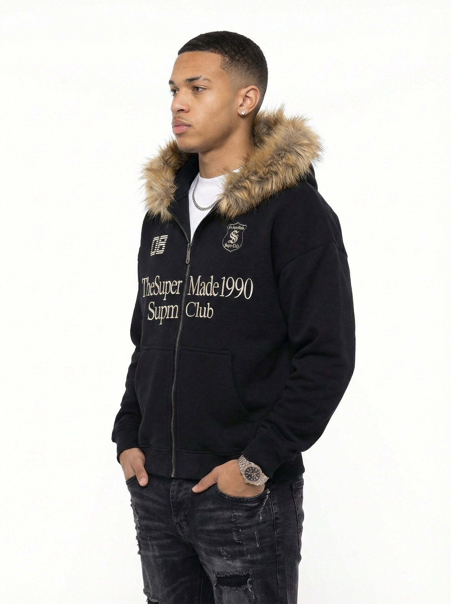 Letter Medal Embroidered Cardigan Fur Collar Zip Up Hoodie- 2502