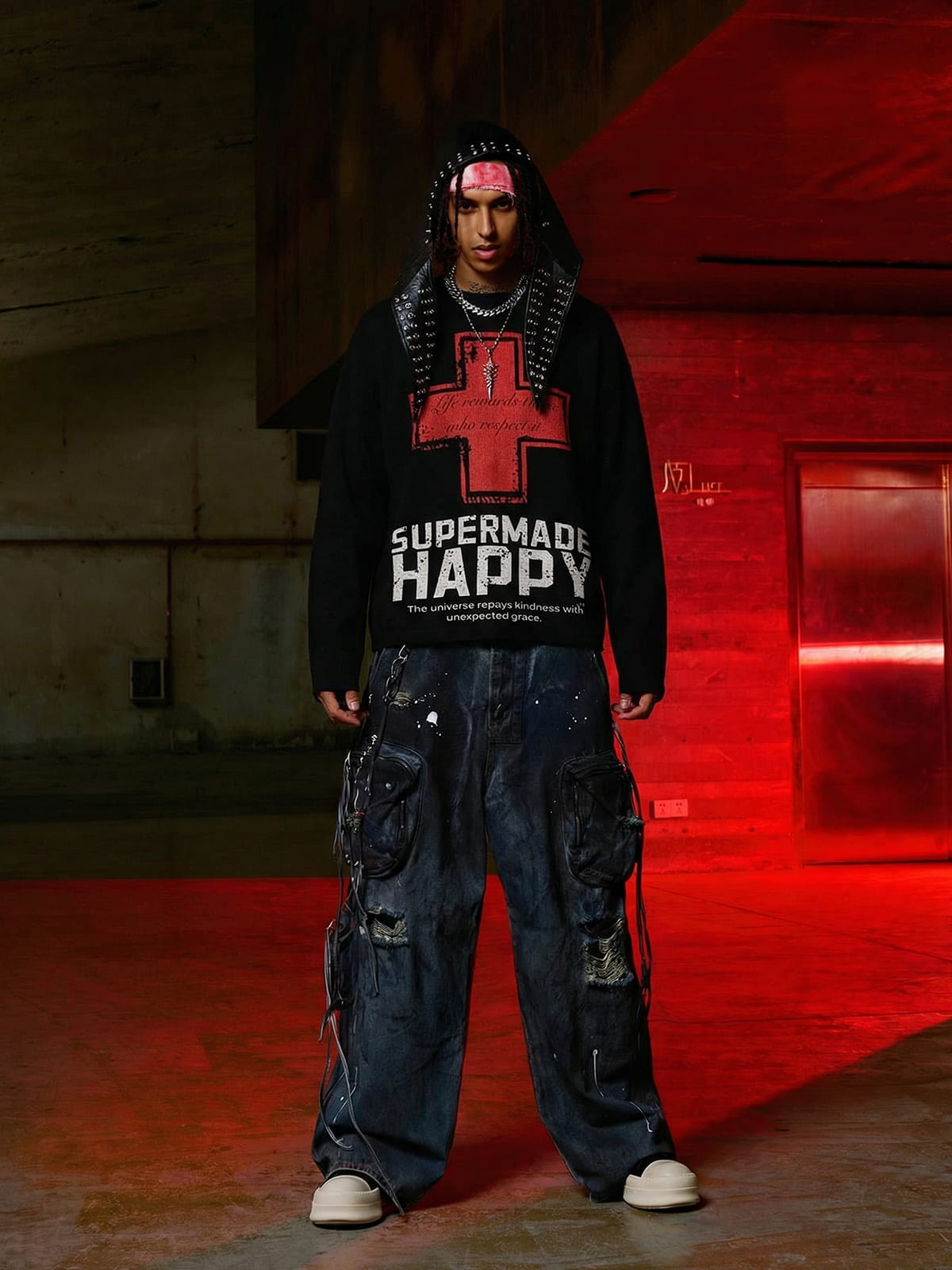 Street Cross Lettering Print Long-Sleeved T-Shirt - 2608