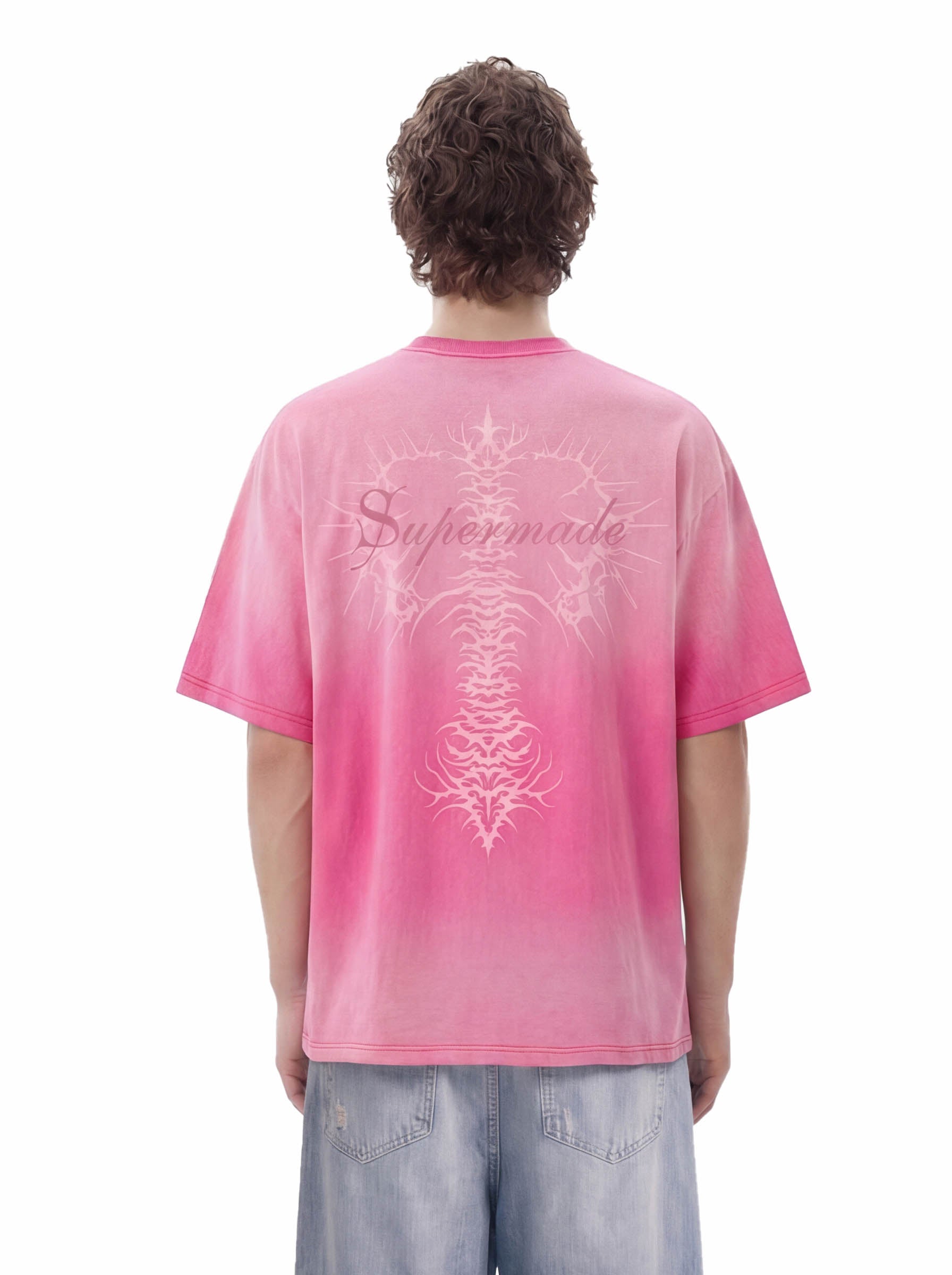 Acid Wash Gothic Cross Spine Graphic Distressed T-Shirt - 2604